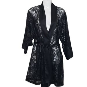 Vintage Victoria's Secret Lace Robe Satin Trim O/S Black Self Tie Belt Women's